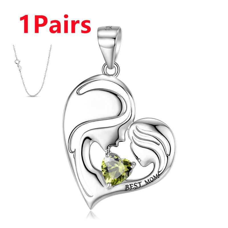 S925 sterling silver heart necklace pendant with yellow-green gemstone and Best Mom engraving