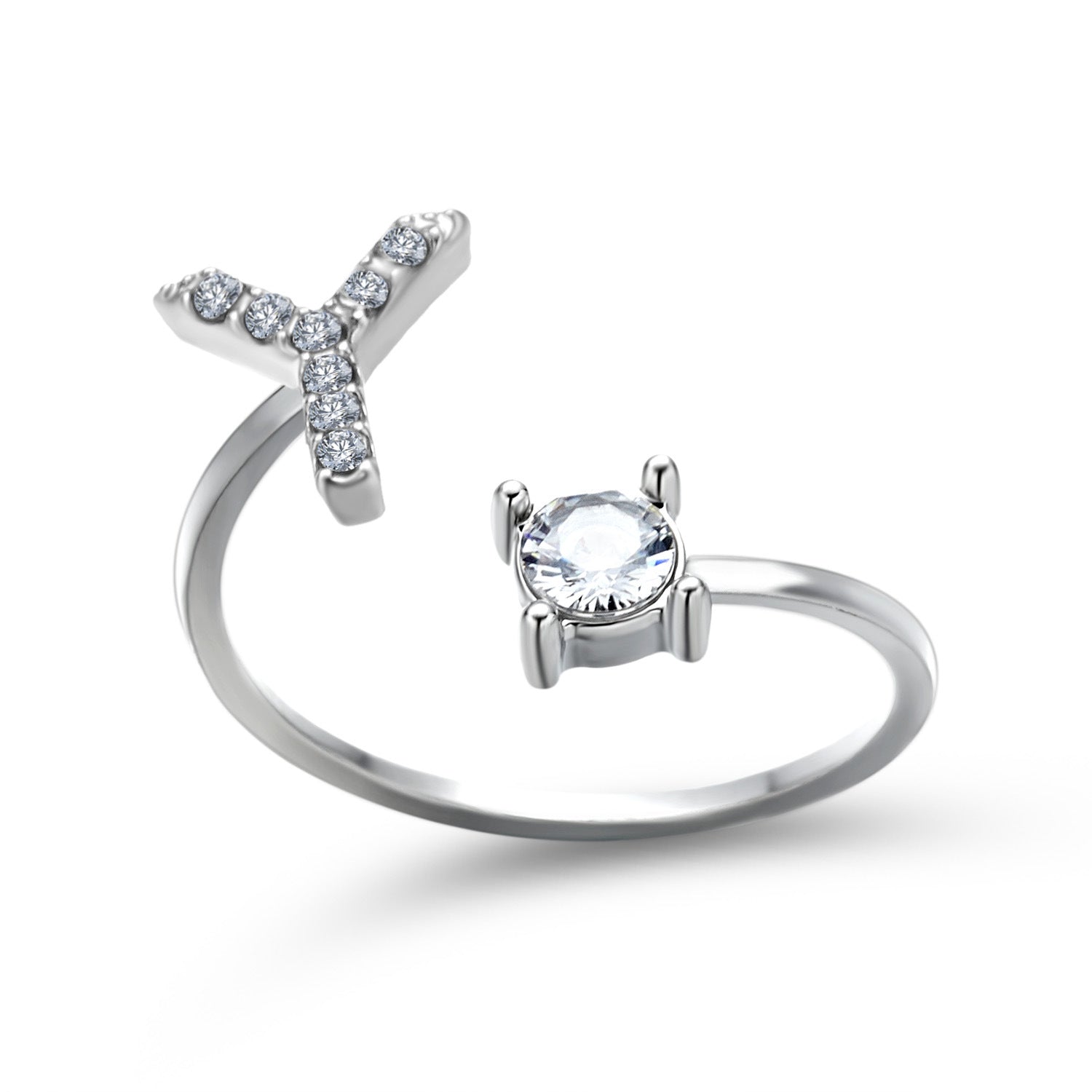 Adjustable initial letter ring with crossbar pavé letter and round crystal, silver tone