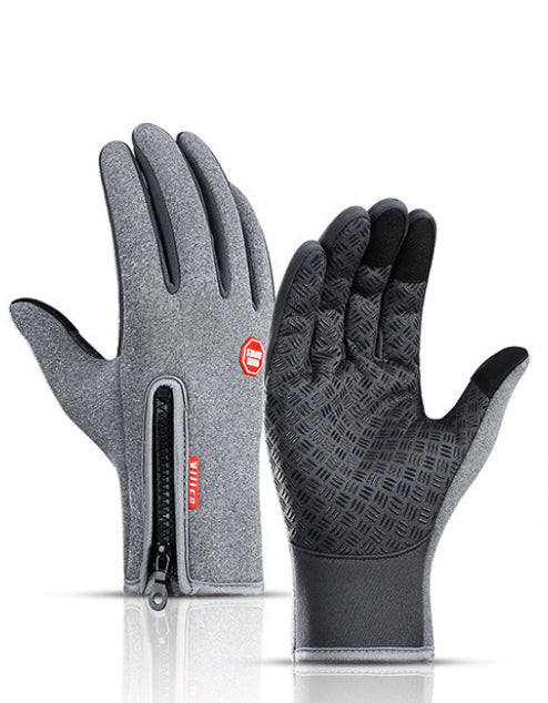 Pair of winter riding gloves, gray and black, textured palms, zipped wrist cuff