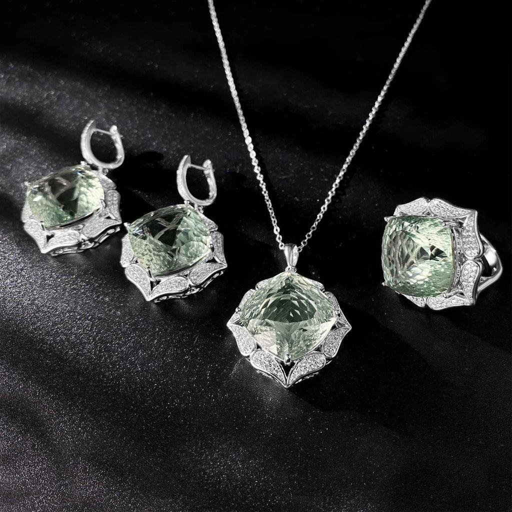 Green crystal jewelry set: matching pendant and stud earrings with silver frames
