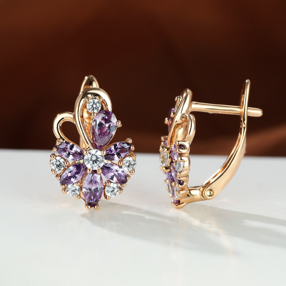 Gold flower drop zircon earrings with purple stones