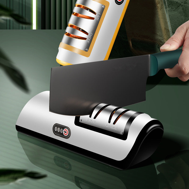 USB rechargeable electric knife sharpener with white body and black sharpening entry, handheld view