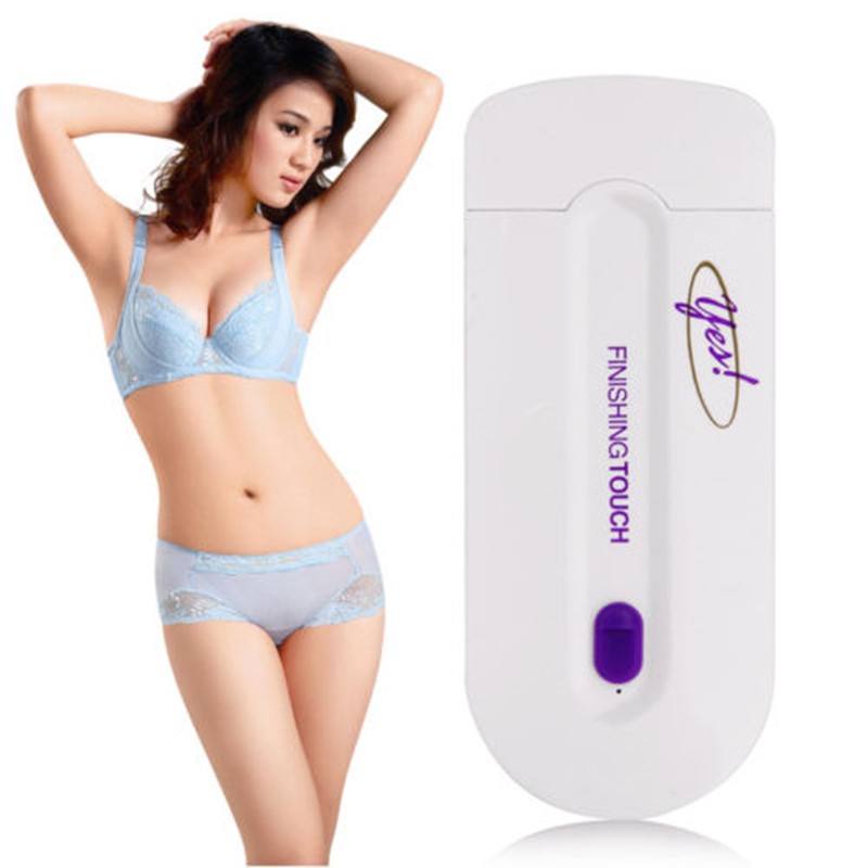 White hair removal shaver with purple button, shown beside a bikini model