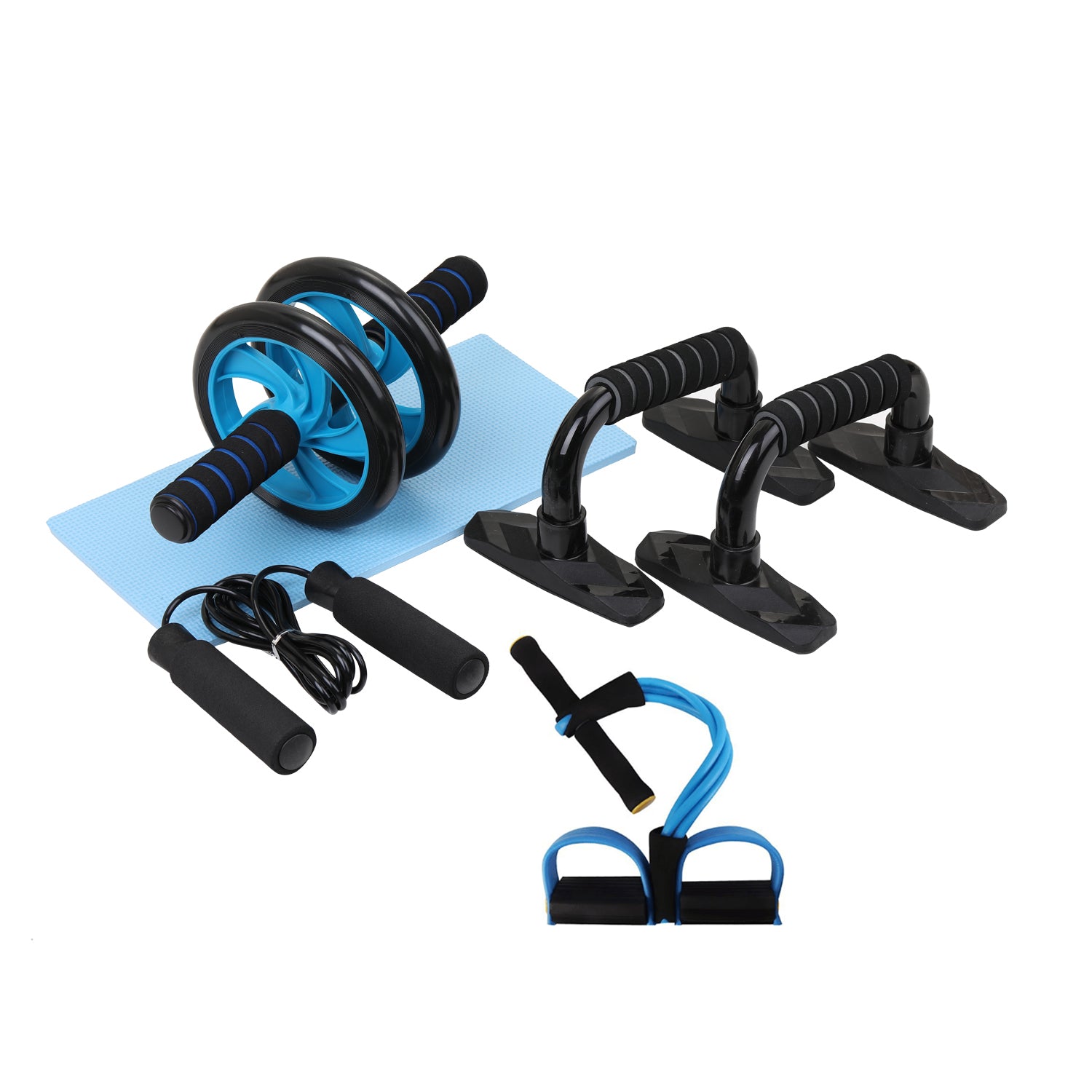 Gym fitness equipment set with wheel, resistance bands, handles, and exercise mat
