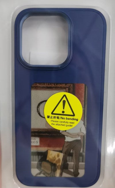 Blue phone case with rectangular window showing warning icon and collage art