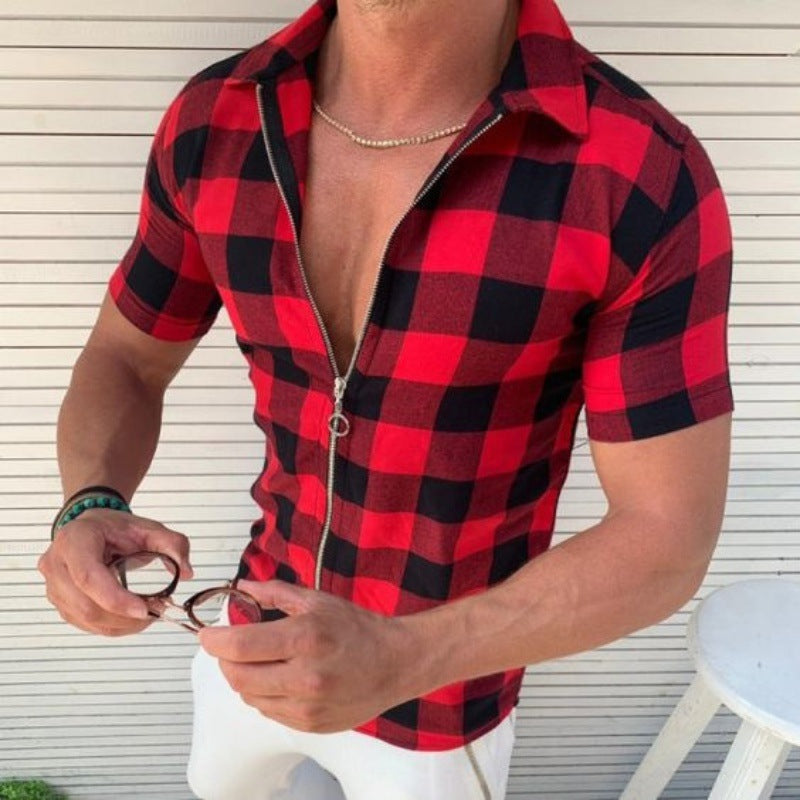 Men's red plaid short-sleeve zip shirt, front view