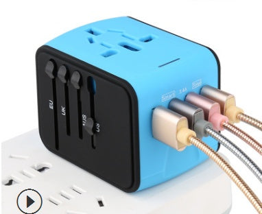 Multi-function socket adapter in blue with multi-port top and connected cables