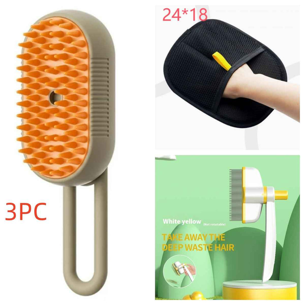 Beige electric pet steam brush with orange nodule pad and long handle, with glove accessory.