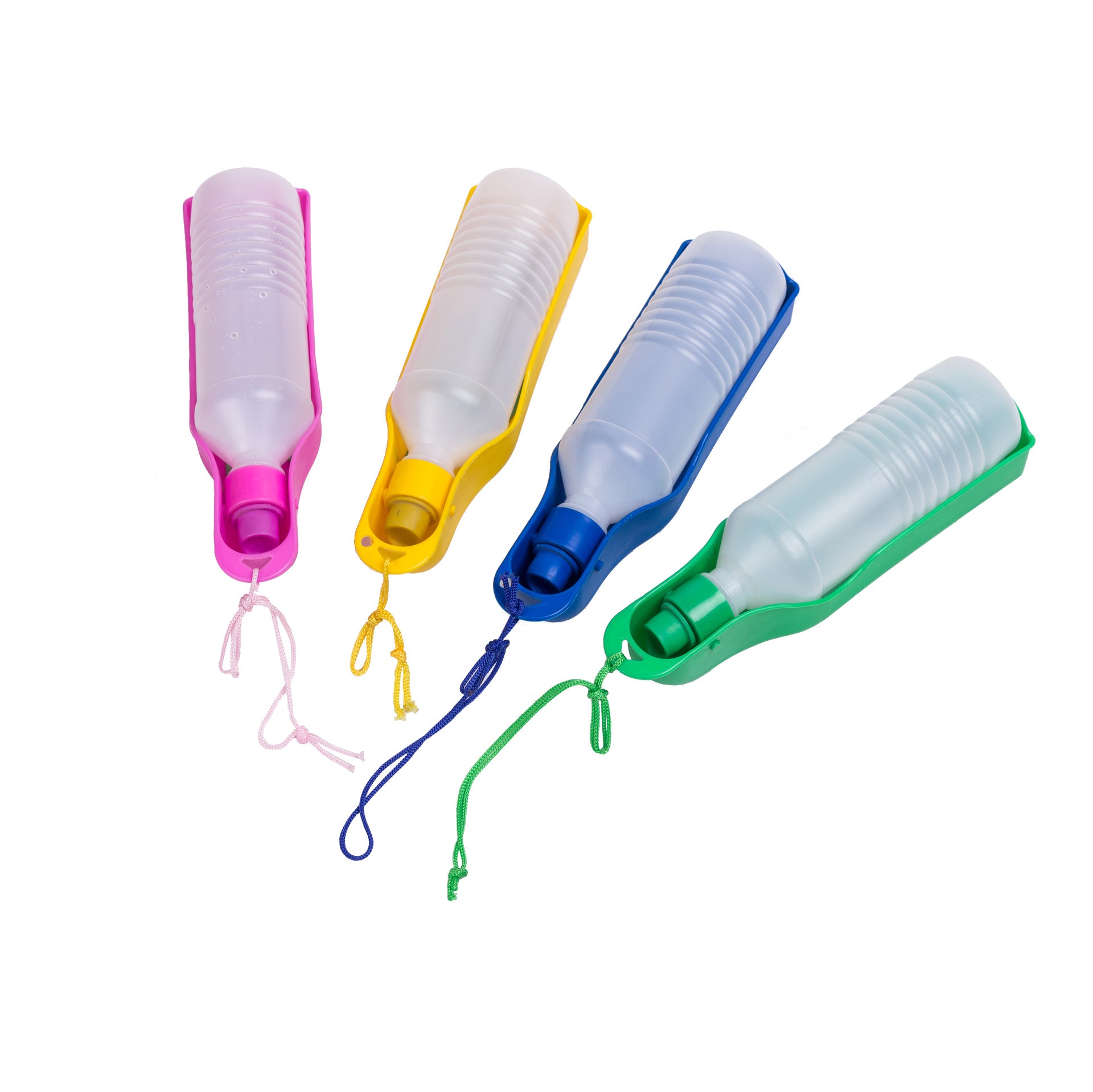 Four pet water bottles in pink, yellow, blue, and green with lanyard cords.