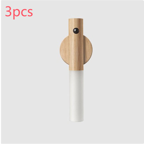 Light wood and white magnetic LED night light with circular sensor on top, 3-pack