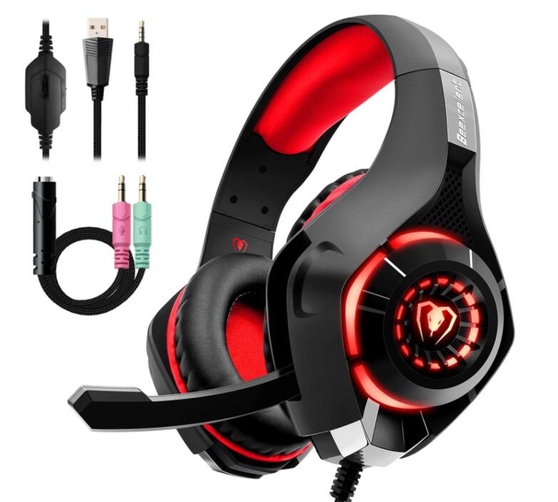 Gaming headphones with red LED ear cups and included audio cable set