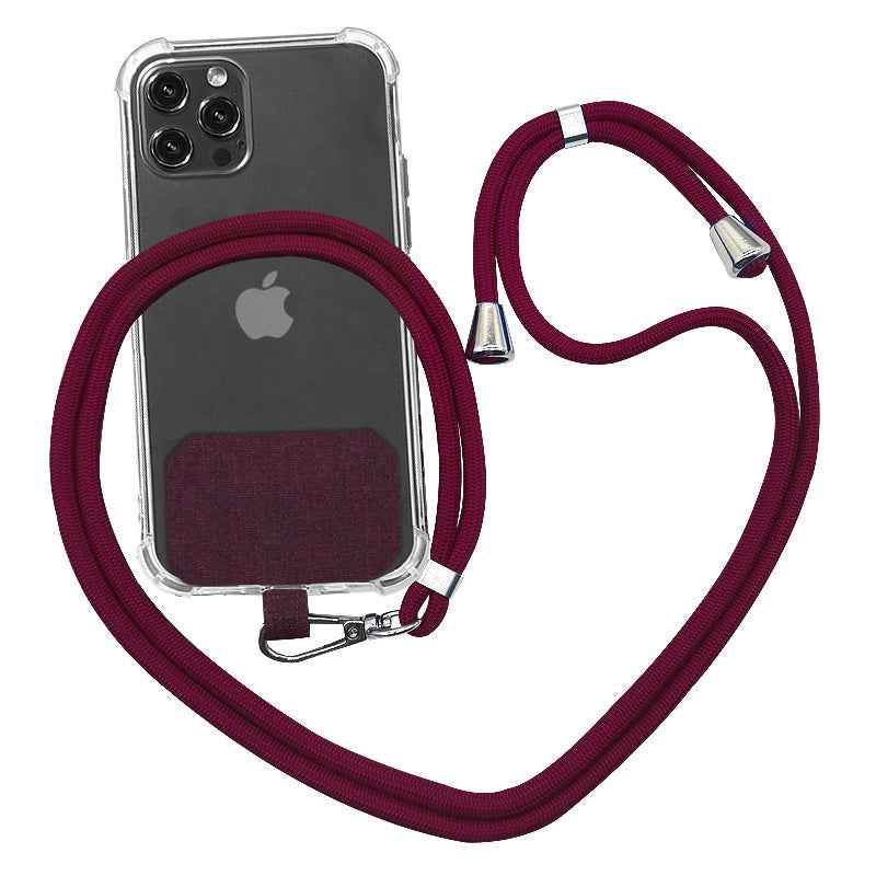 Phone lanyard strap with dark red rope and metal clips for holding a phone