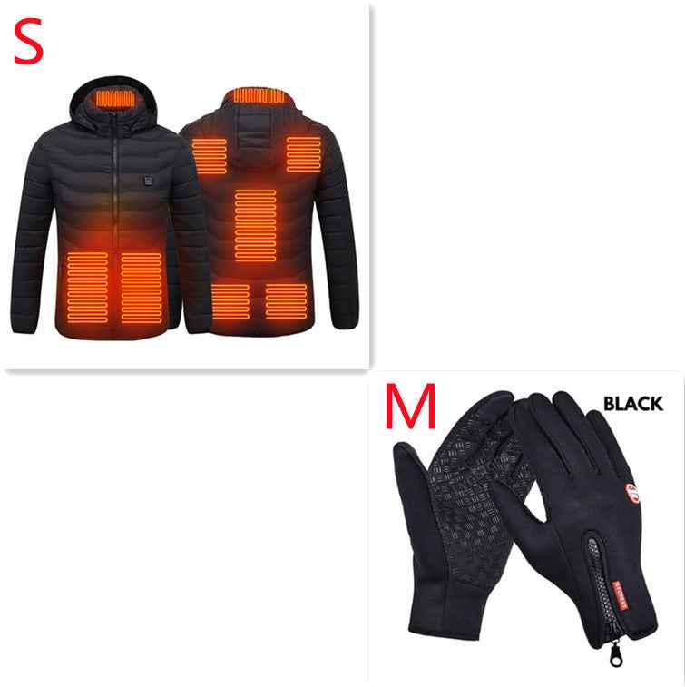 Men's black zip-up heated jacket with glowing heating panels across front and back