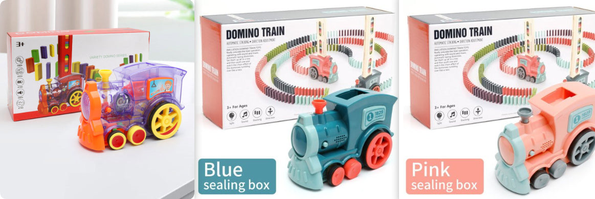 Domino train toy set packaging with blue and pink electric train cars