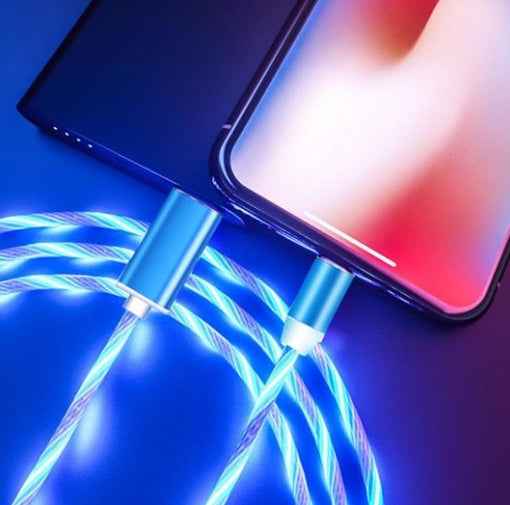 Blue braided magnetic data cable with glowing light stream effect and phone connector