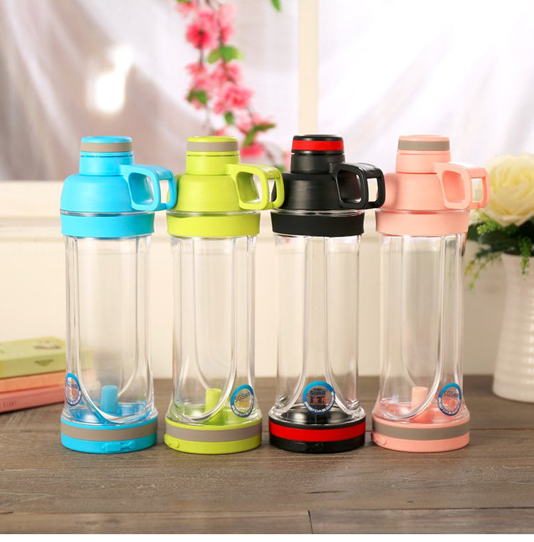 Row of colorful phone waterproof water bottles with clear phone windows and loop handles