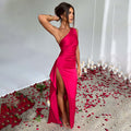 One-shoulder backless satin slit dress, magenta, sleeveless front with thigh-high slit.