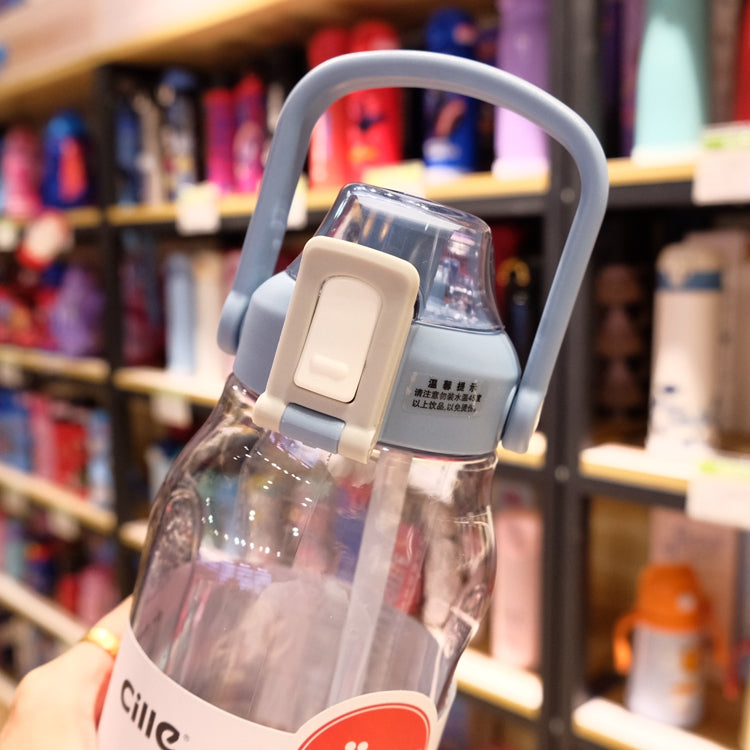 Clear straw water bottle with light blue handle and flip lid close-up