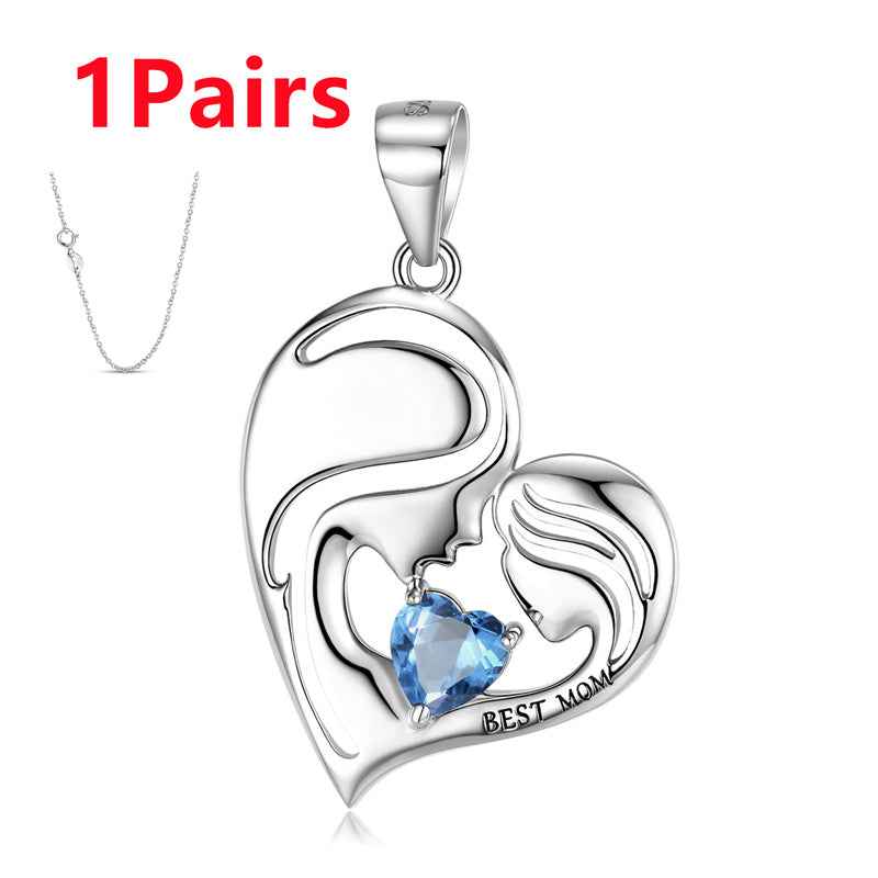 S925 sterling silver heart necklace pendant with blue gemstone and Best Mom engraving
