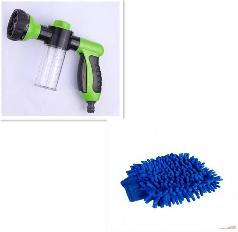 Foam spray gun with clear bottle and green handle, plus blue cleaning cloth.