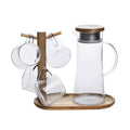 Glass cold water bottle set with wood stand, metal lid, clear jug and cups