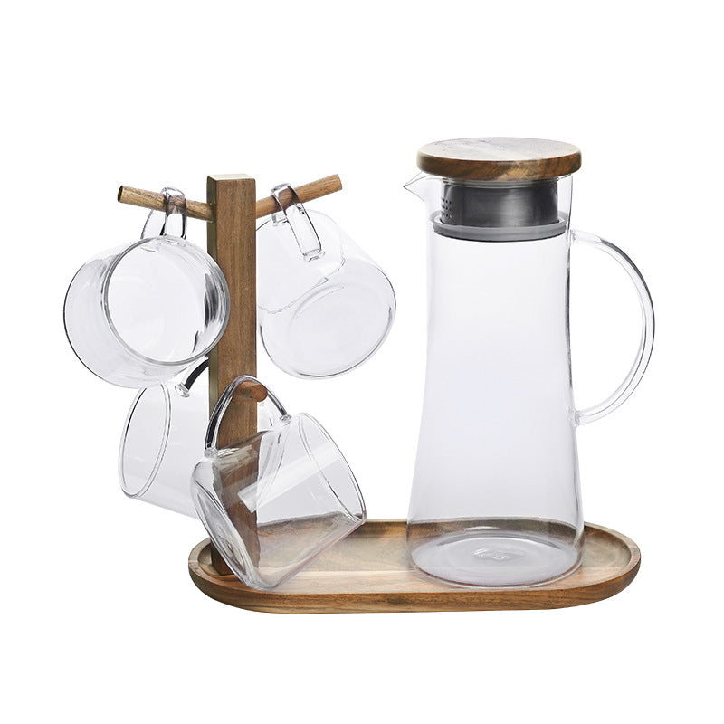 Glass cold water bottle set with wood stand, metal lid, clear jug and cups