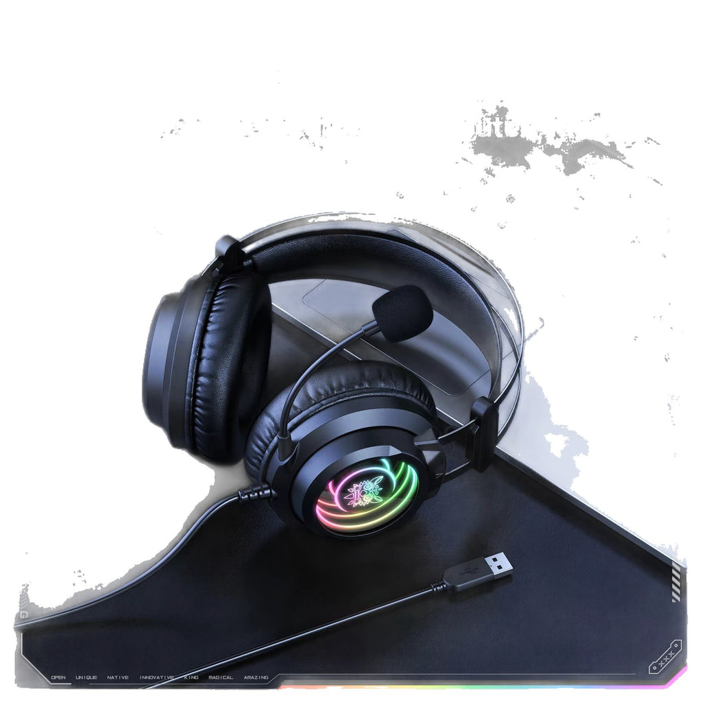 Black over-ear gaming headset with boom microphone and RGB ring on ear cup