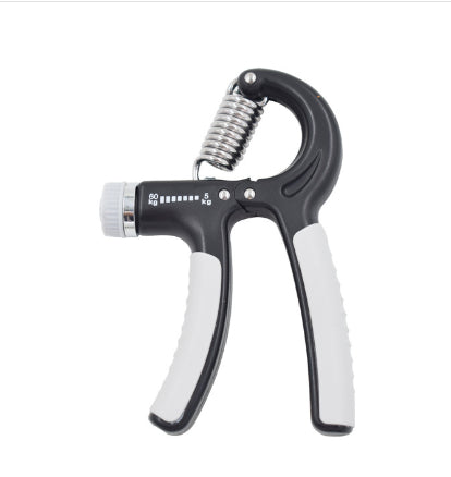 Black hand grip finger exerciser with white accent grips and silver spring
