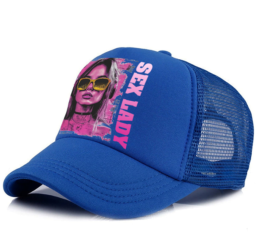 Blue mesh baseball cap with front photo graphic panel and curved brim