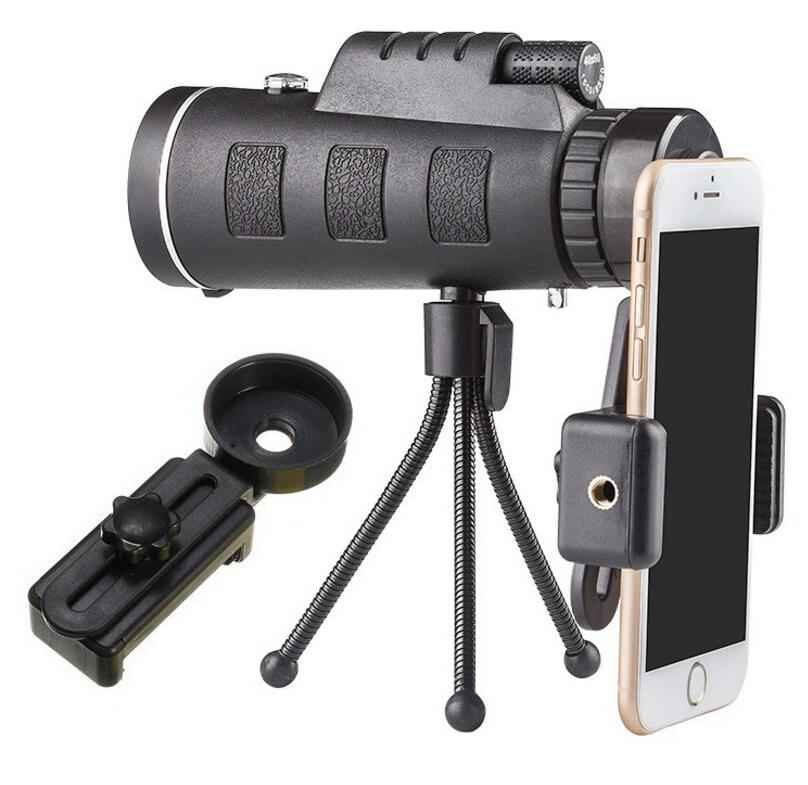 Monocular telescope with phone clip and tripod, black scope with eyepiece cap