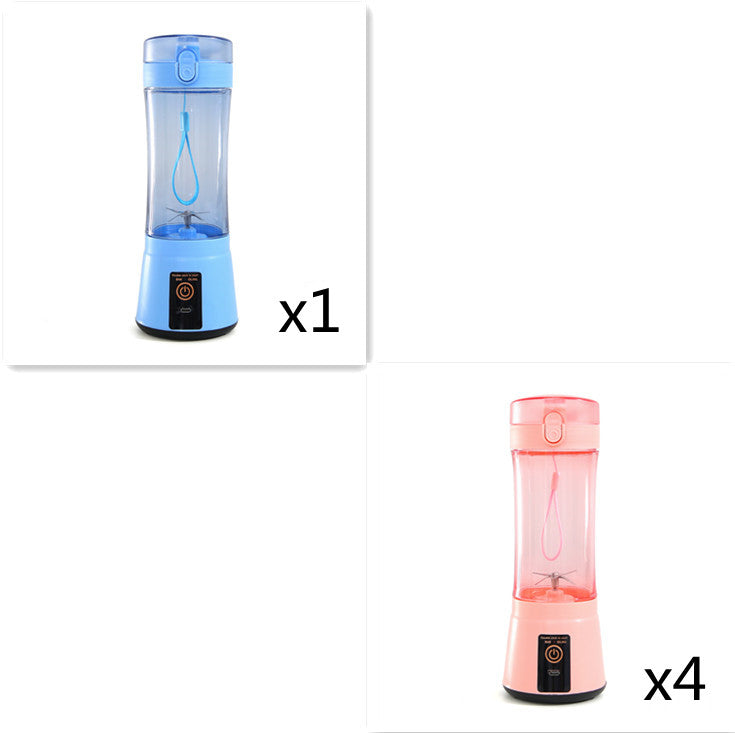 Portable mini blender set with blue and pink clear cups and black bases
