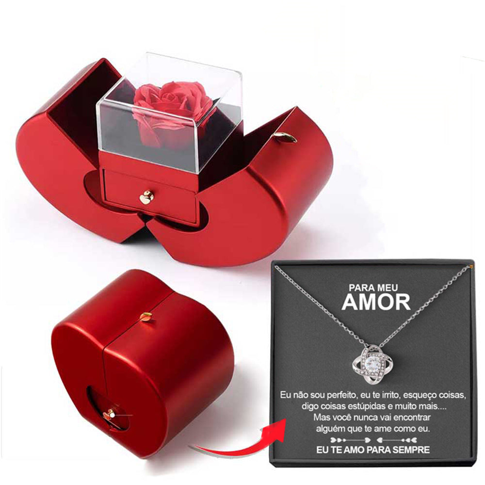 Red heart jewelry box gift set with glass rose top, necklace and message card