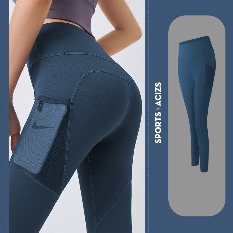 Dark teal yoga pants with side pocket, fitted high-rise leggings, Nike logo