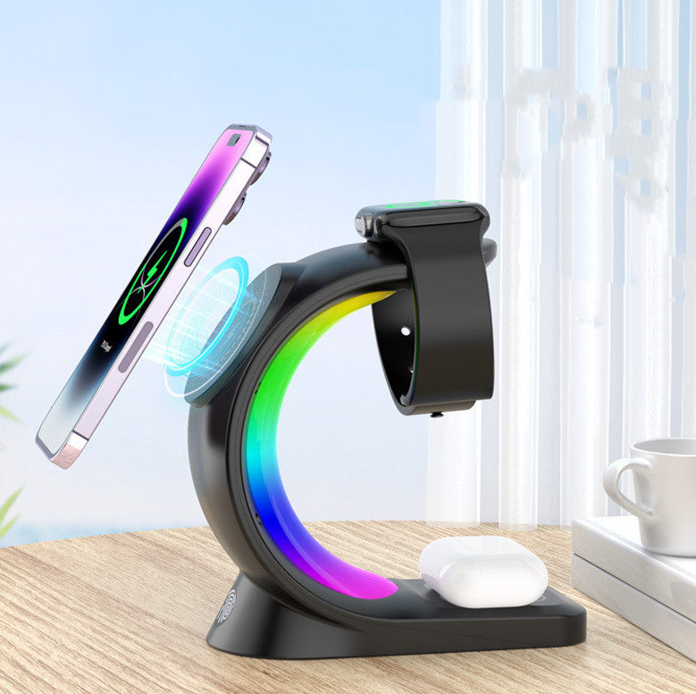 Magnetic wireless charger stand with RGB ring light, phone cradle, watch strap holder, earbuds pad