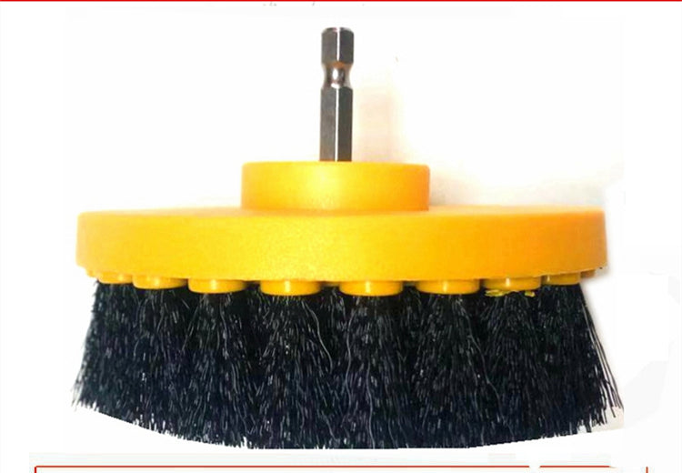 Electric drill cleaning brush head with yellow base and black bristles