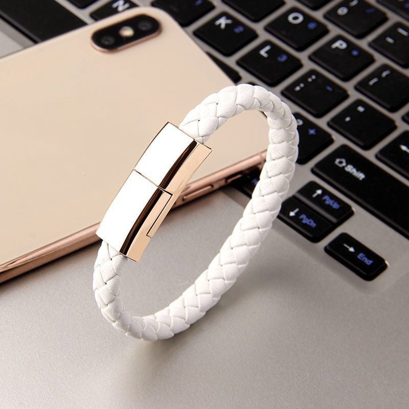 White braided charging cable bracelet with silver metal USB connector