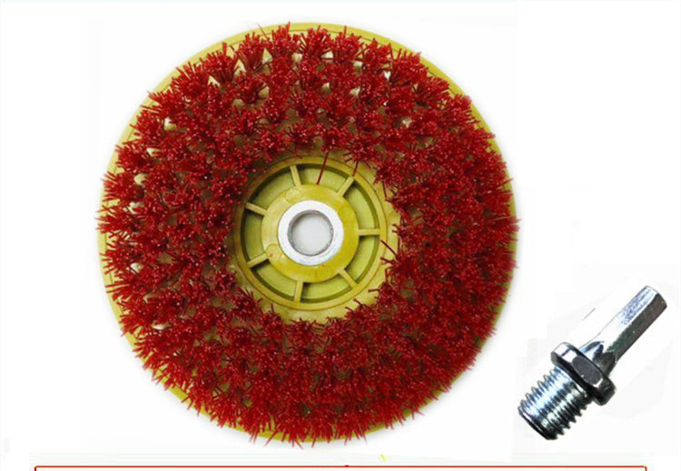 Electric drill cleaning brush head with yellow hub and red scrubbing pad
