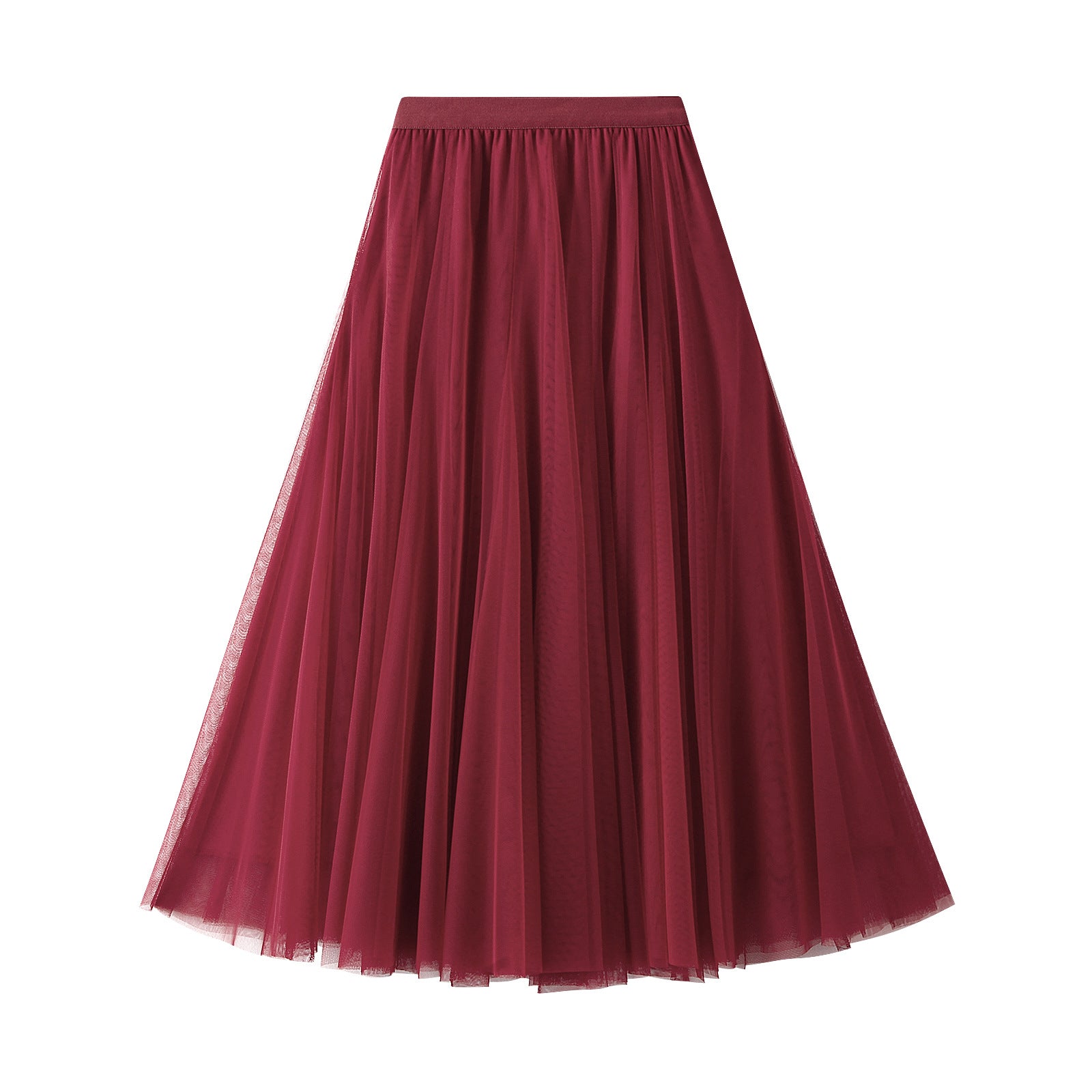 Burgundy tulle pleated skirt with high elastic waistband, mid-length flare