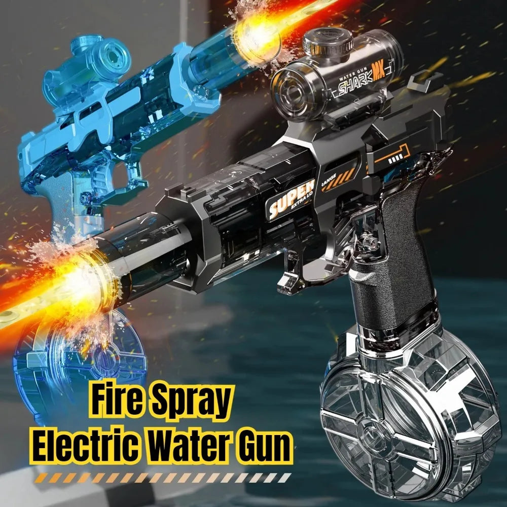 Blue electric water gun with clear water drum, recoil grip, and scope detail