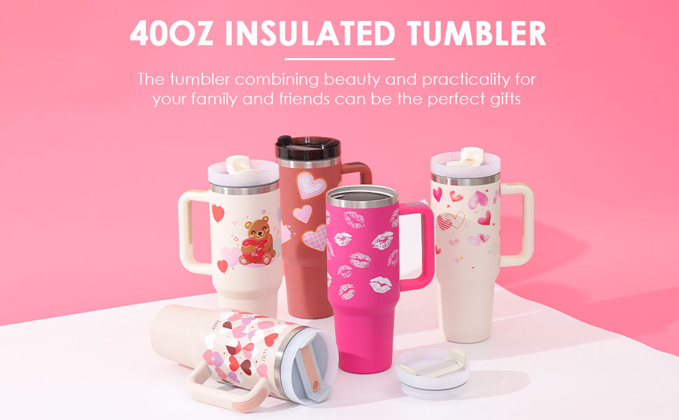 Insulated tumblers with handles and straws; heart and bear prints in pink, white, and dark