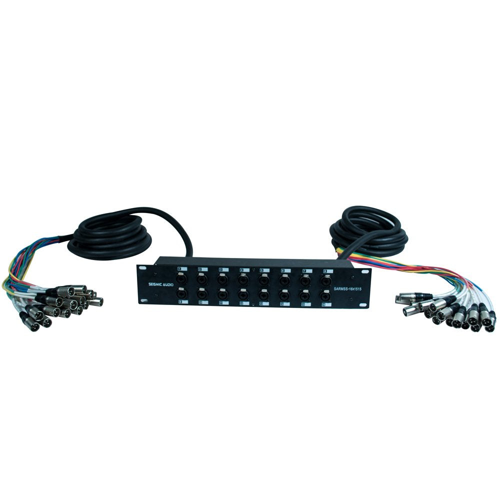 16-channel XLR/TRS combo splitter rack panel with coiled cable trunks and connector ends