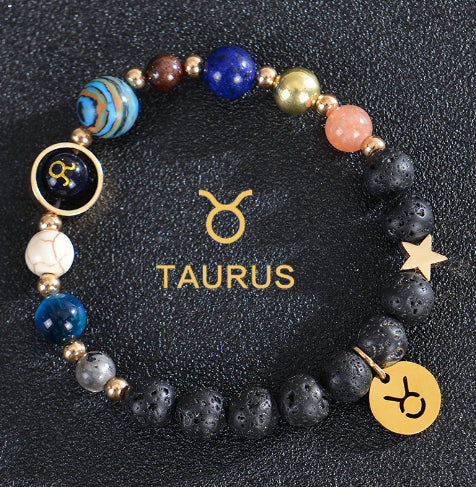 Taurus zodiac beaded bracelet with black lava stones and gold Taurus charm and star