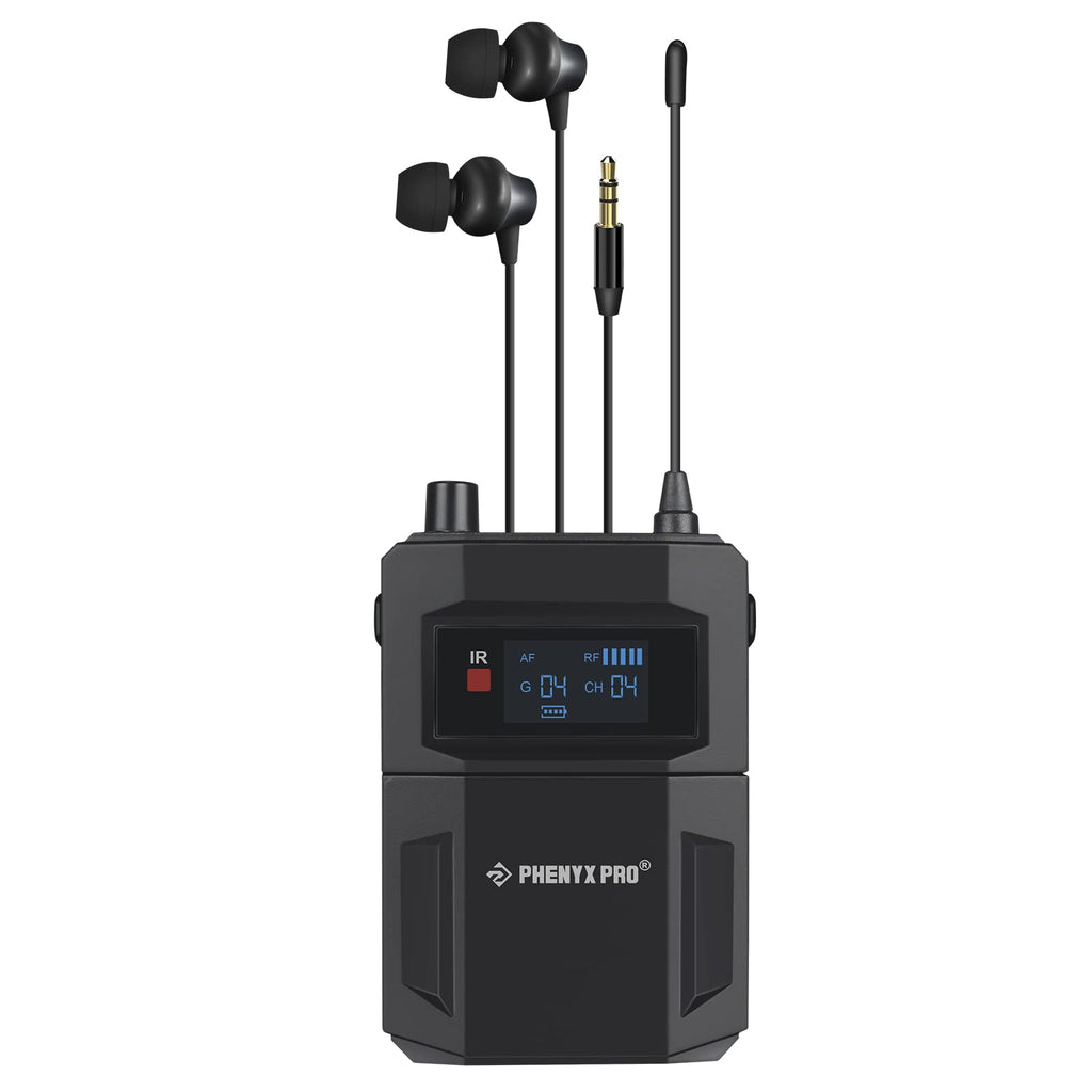 Phenyx Pro portable wireless in-ear monitor receiver with attached earbuds and antenna