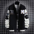 Men's black varsity-style jacket with button front, 'M' chest patch, and striped cuffs