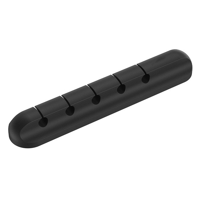 Black silicone cable organizer bar with spaced clip openings