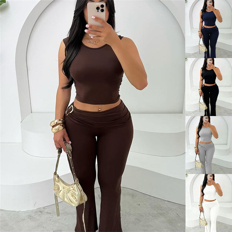 Womens sleeveless crop top and bodycon flare pants set, dark brown