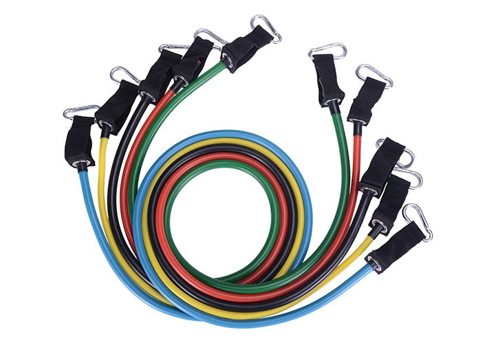 Portable fitness rally resistance band set with multicolor elastic loops and black carabiner straps