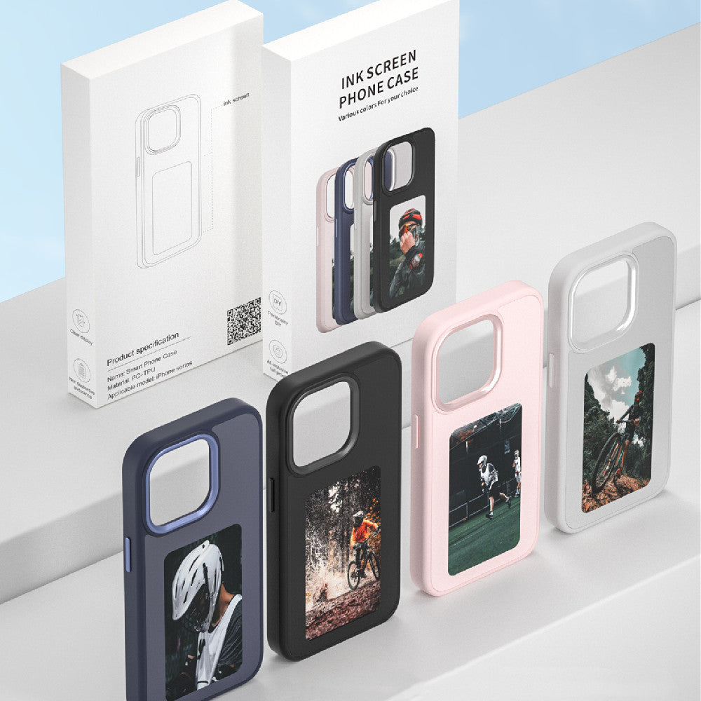 Phone case display with printed portrait window, in dark, black, pink, and light gray.