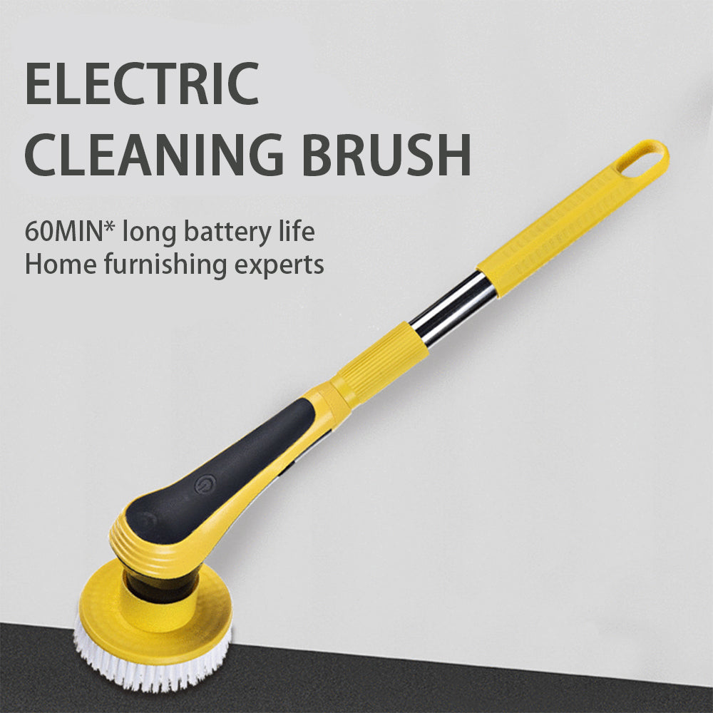 Electric cleaning brush with yellow bristle base, long handle, black grip