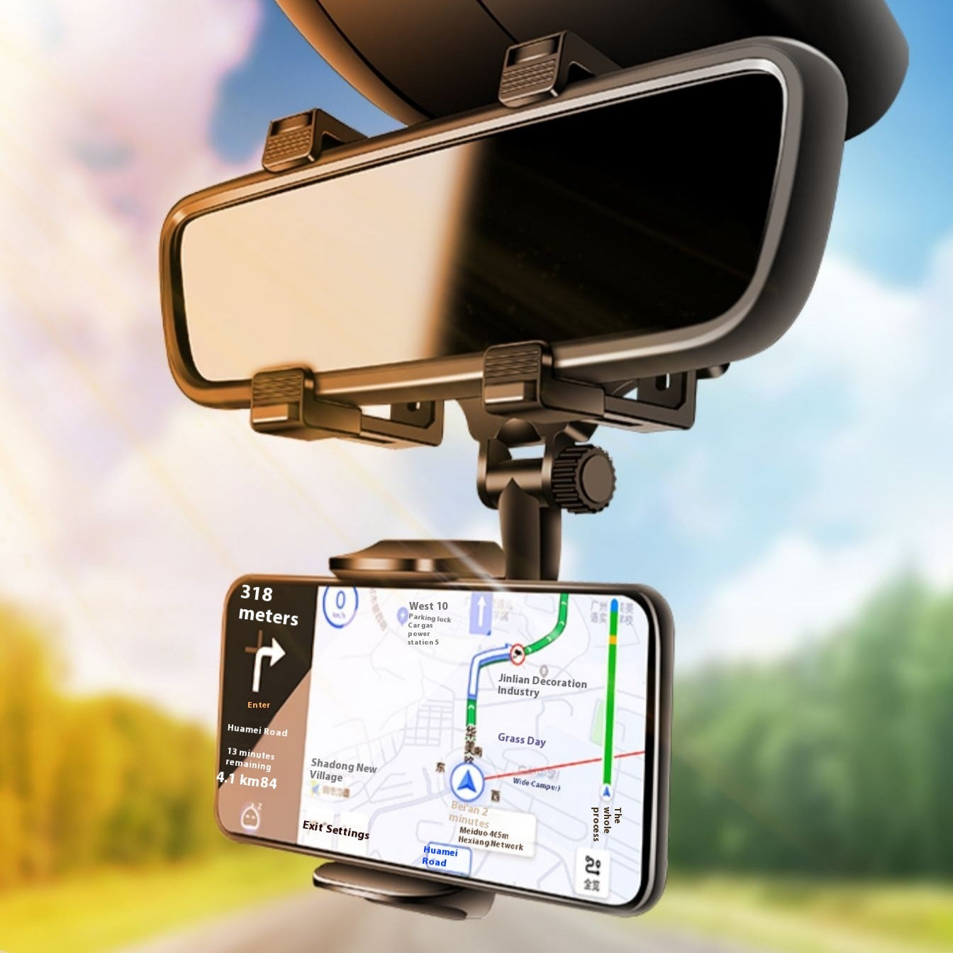 Clip-on rearview mirror phone navigation bracket holding a smartphone with maps display